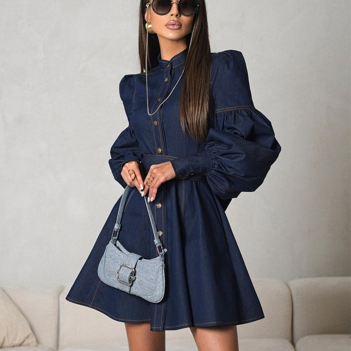 Lantern Sleeve Lace-up Denim Shirt Dress