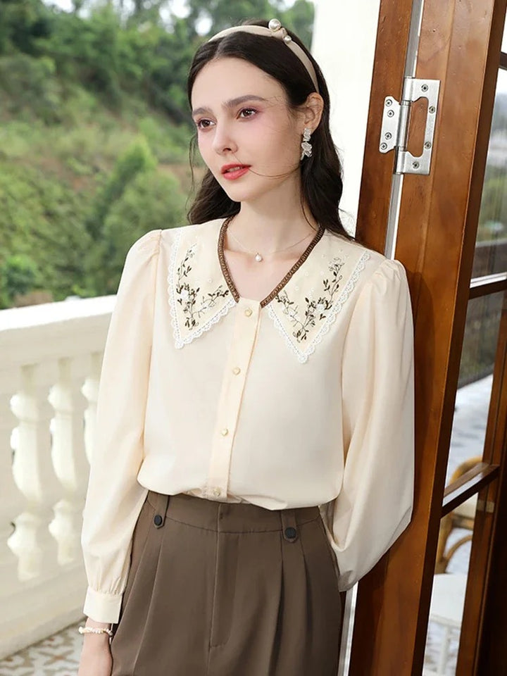 Elegant Autumn Embroidered Lapel Puff Sleeve Blouse