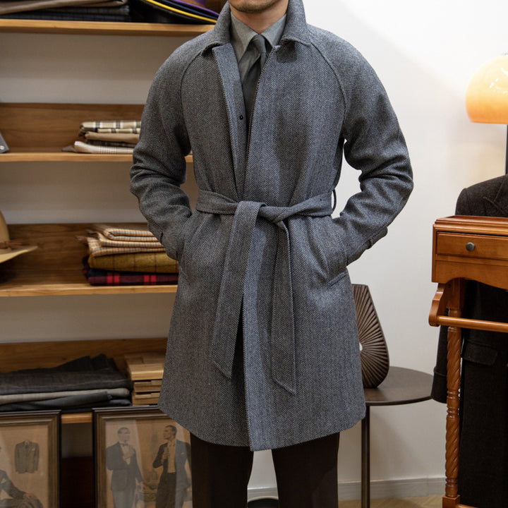 Japanese Leisure Mid-length Coat Herringbone Wool Slim Fit