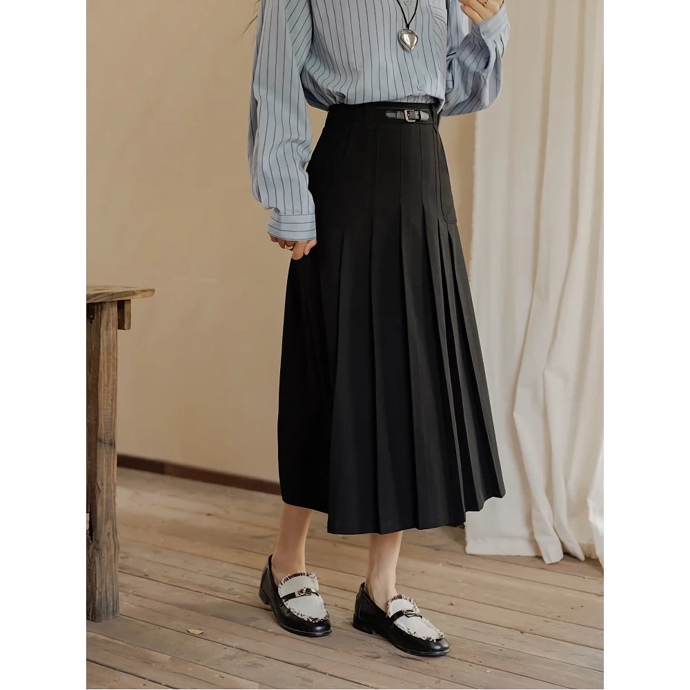 High Waist Pleated A-Line Skirt with Decorative Belt and Pockets