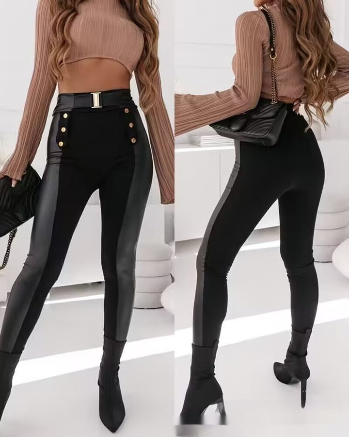 Leisure Fashion Double-breasted Pu Stitching Tights