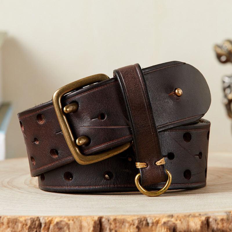 Genuine Leather Men's Double Buckle Belt for Jeans and Trousers