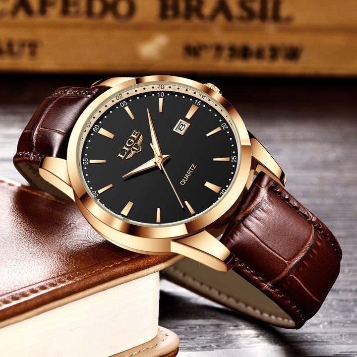 New Men's Quartz Watch Single Calendar Three Needle Leather Belt Waterproof