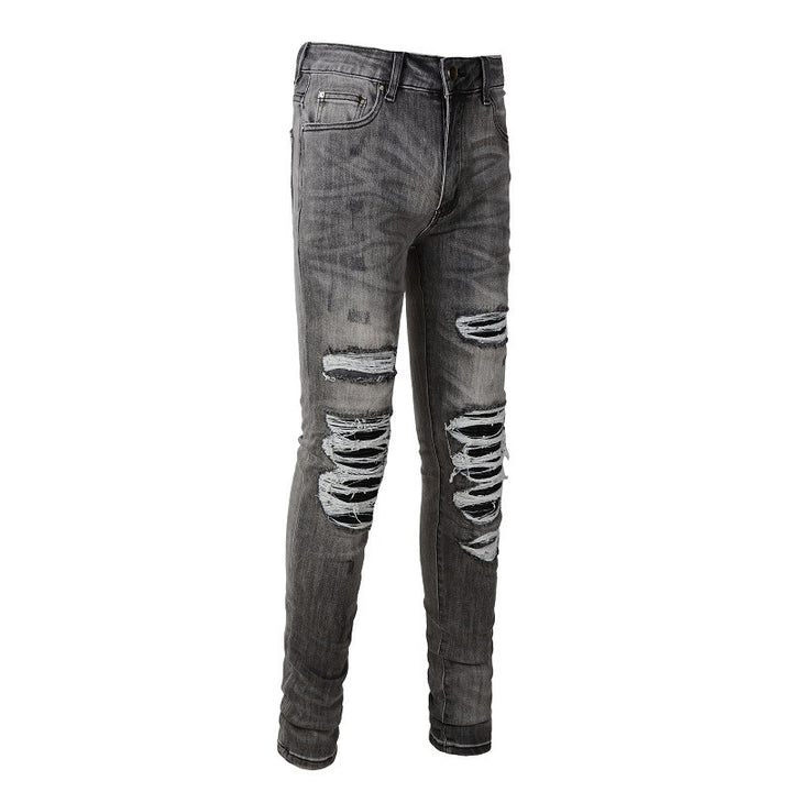 Non-mainstream Personality Patch Jeans Men's Cover Damage Gray Casual Pants