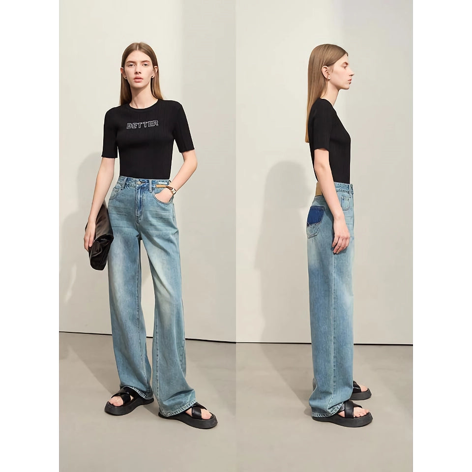 Minimalist Retro Wide-Leg Jeans with Leather Plate Decoration