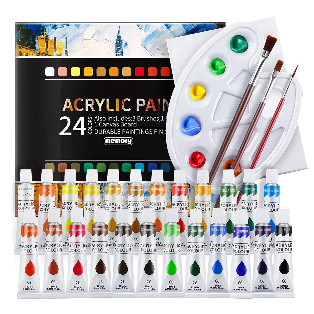 Professional Acrylic Paint Set - 12ml Tubes in 24 Vibrant Colors with Brush Set