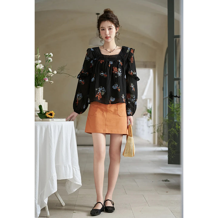 Korean Embroidered Dandelion Blouse with Lace Square Neck