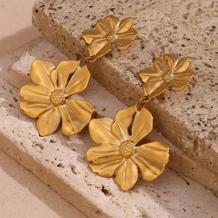 18K Gold Plated Two Flower Drop Earrings - Waterproof & Tarnish Free Stainless Steel