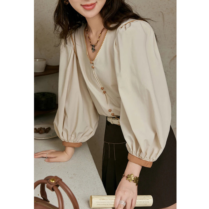 French Retro V-neck Lantern Sleeve Casual Shirt for Women