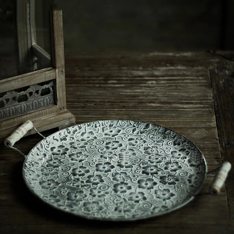 Handcrafted Round Metal Antique Serving Tray with Wood Handles