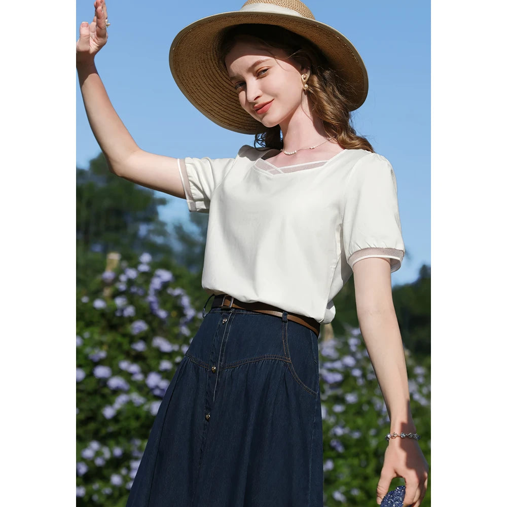 Square Neck Slim-Fit T-Shirt with Puff Sleeves