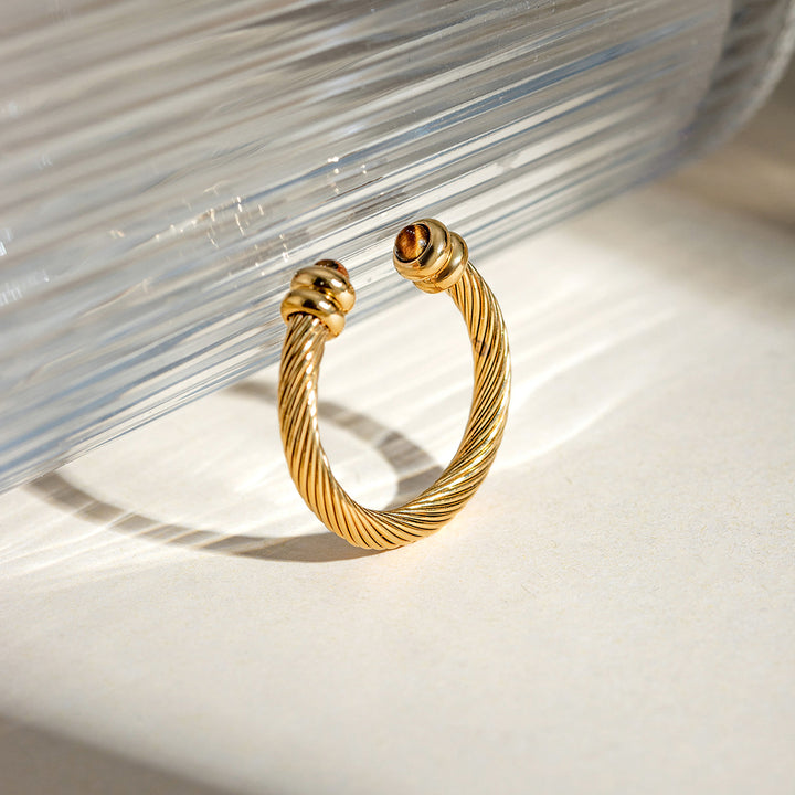 18K Gold Plated C-Shaped Twisty Open Ring with Natural Stone