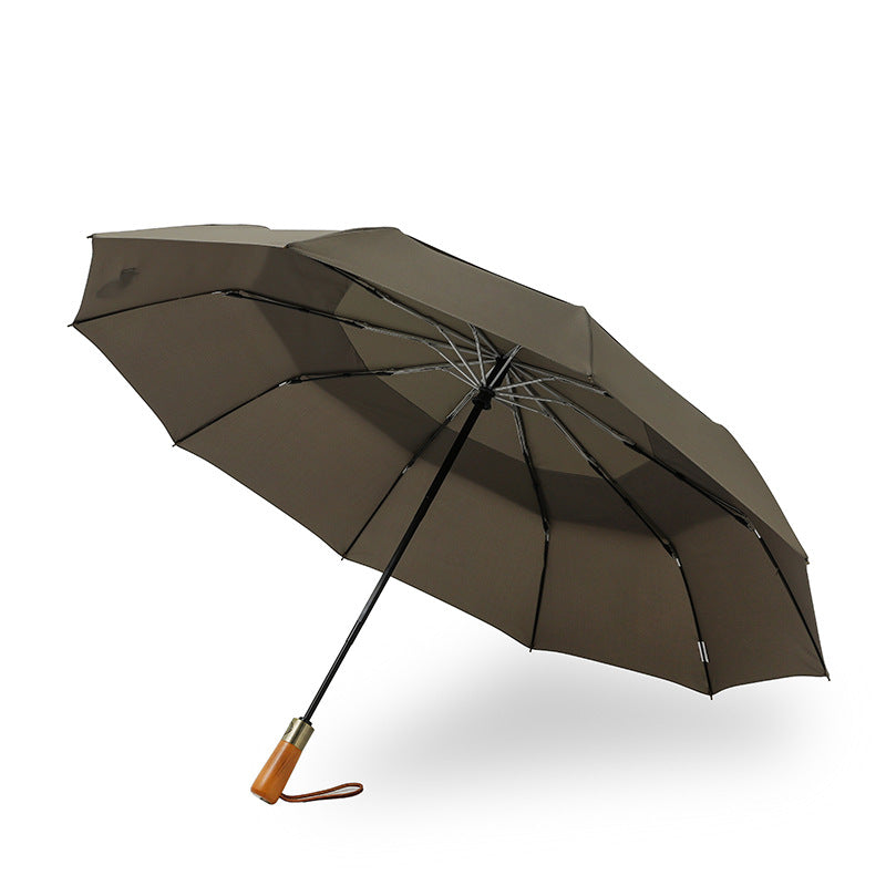 Large Folding Automatic Men's Umbrella with Wooden Handle