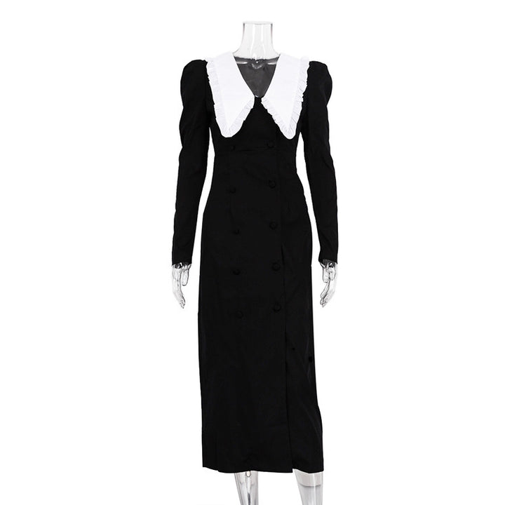 Black And White Contrast Color Split Doll Collar Long Sleeve Dress