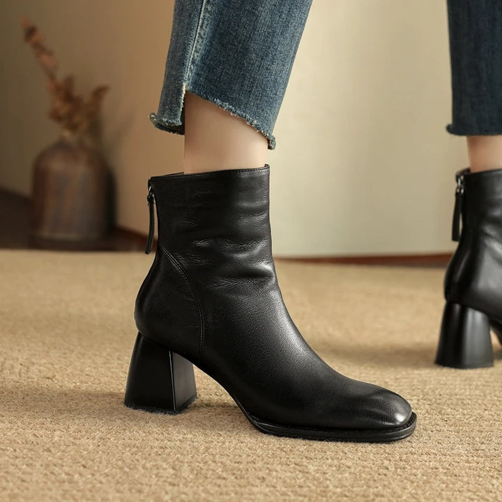 Women's Genuine Leather Chunky Heel Square Toe Ankle Boots