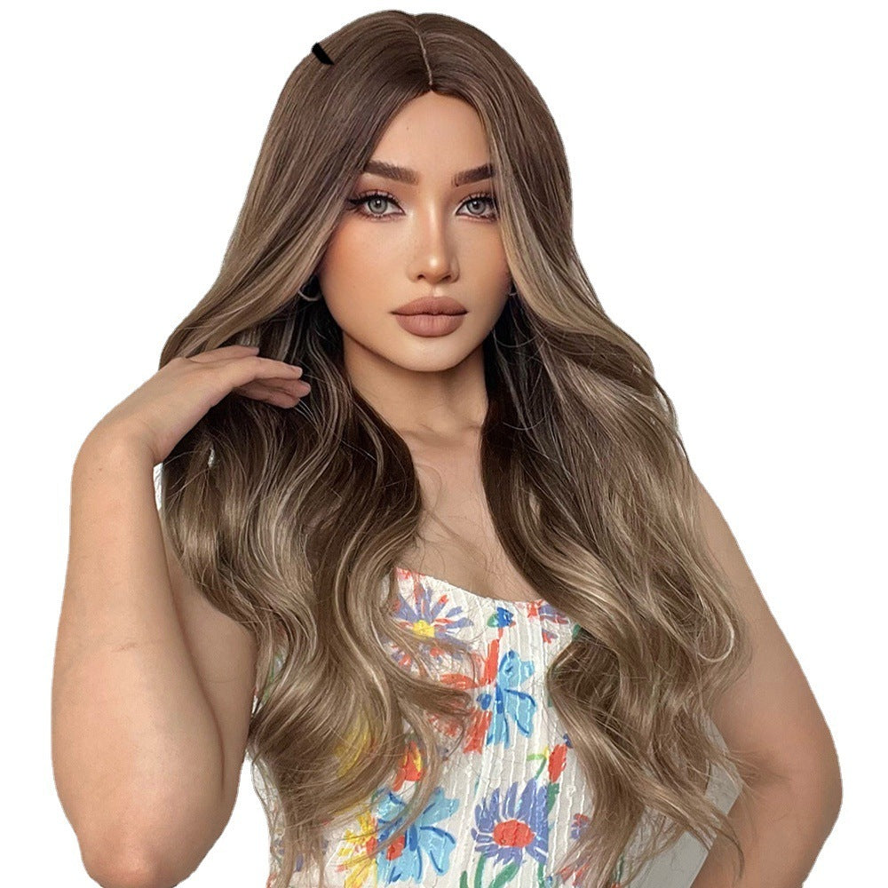 Medium Gradient Gray And Brown Long Curly Hair Chemical Fiber Wig