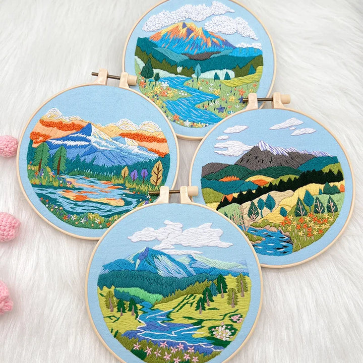 DIY Landscape Embroidery Kit with Printed Pattern and Plastic Hoop