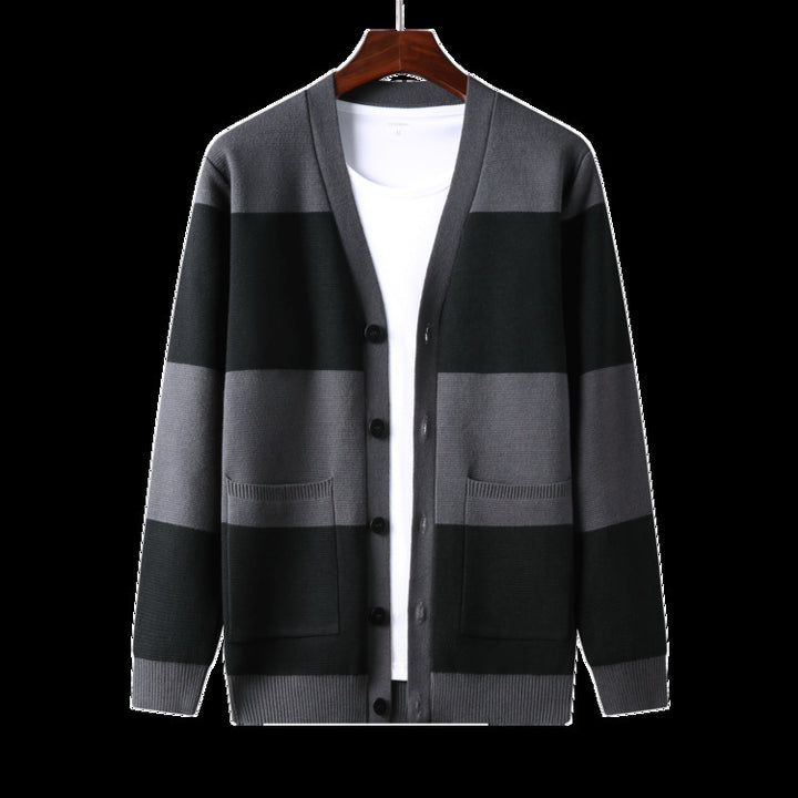 Spring And Autumn New Men's Striped Cardigan Single-breasted Long Sleeve Color Matching Casual Sweater Coat