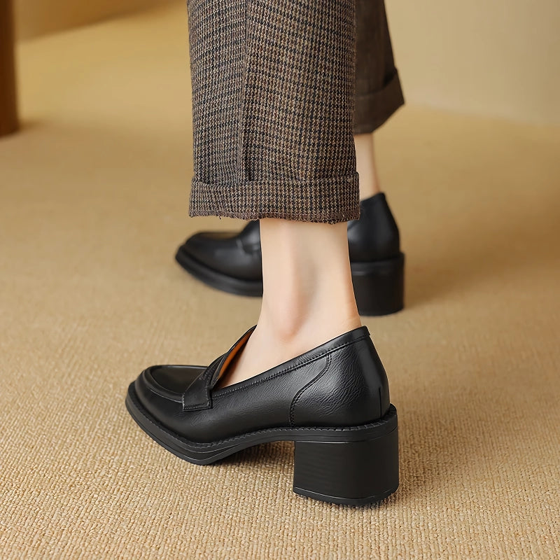 Classic Genuine Leather Pumps with Square Heels