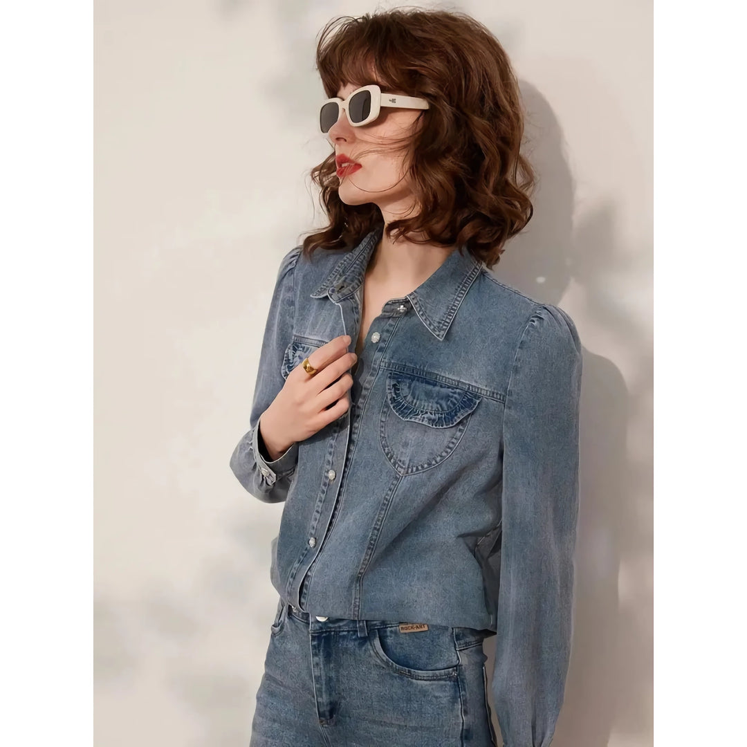 Chic Turn-Down Collar Denim Blouse for Women