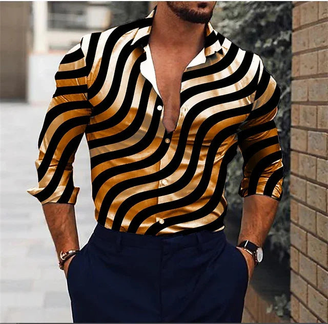 Men's Casual 3D Irregular Pattern Printed Shirt Long Sleeve