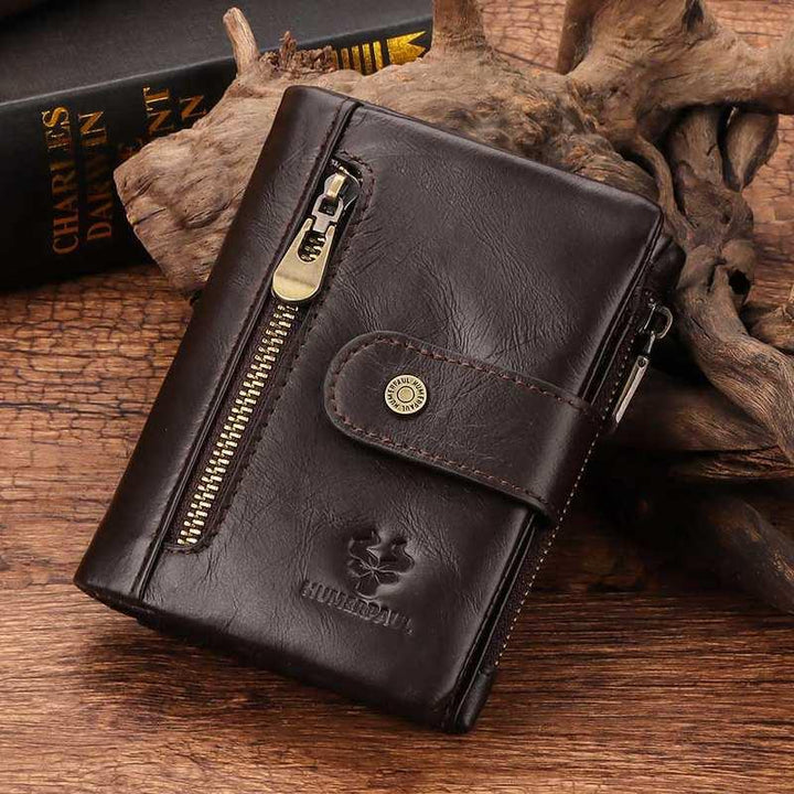 Genuine Leather Slim Wallet with Zipper Coin Pocket