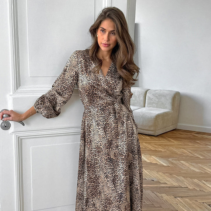 European And American Leopard Print Stomach Blanket Dress Commuter V-neck Lantern Sleeve Satin A- Line Skirt