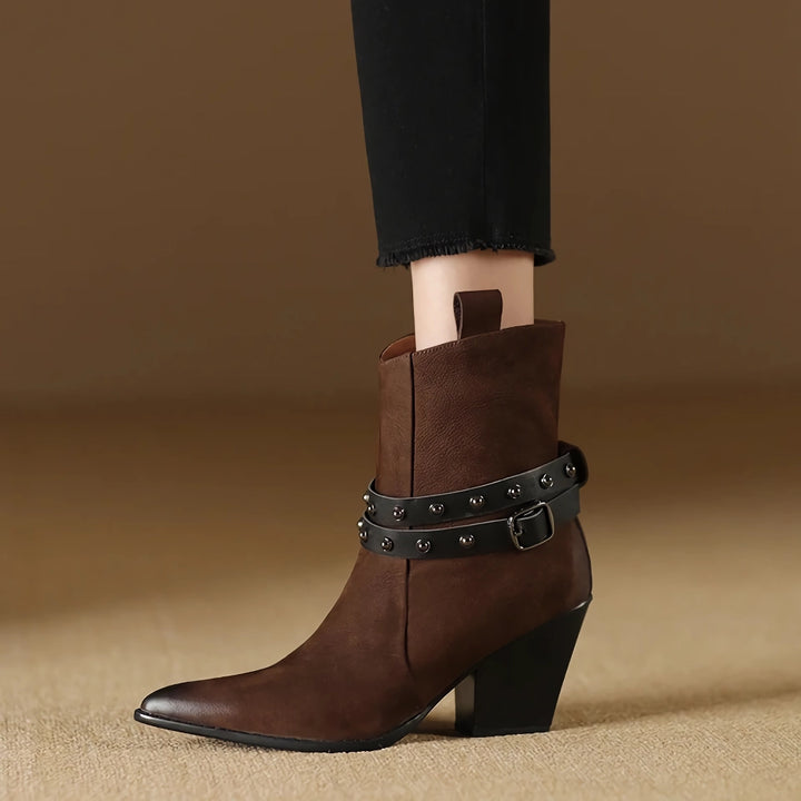 Elegant Pointed Toe Chunky Heel Leather Boots for Women