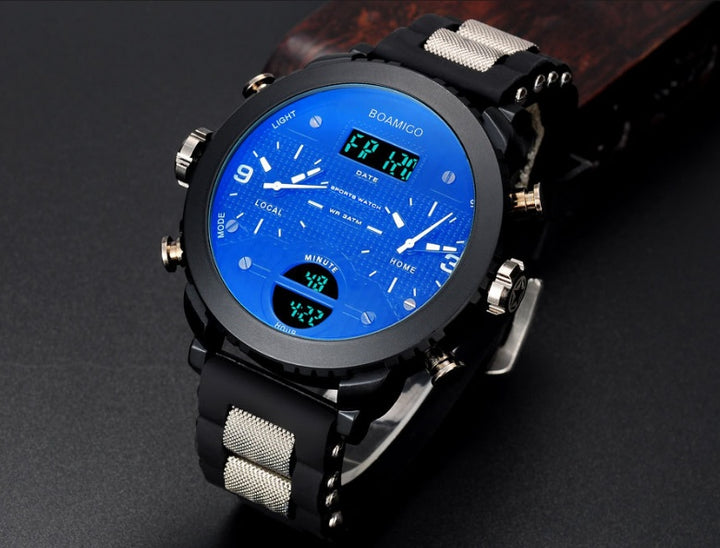 Men's watch electronic quartz double display watch 3 time zone waterproof watch