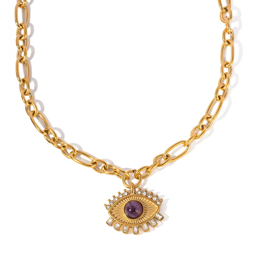 Stainless Steel Evil Eye Amethyst Necklace - 18K Gold Plated Talisman Jewelry