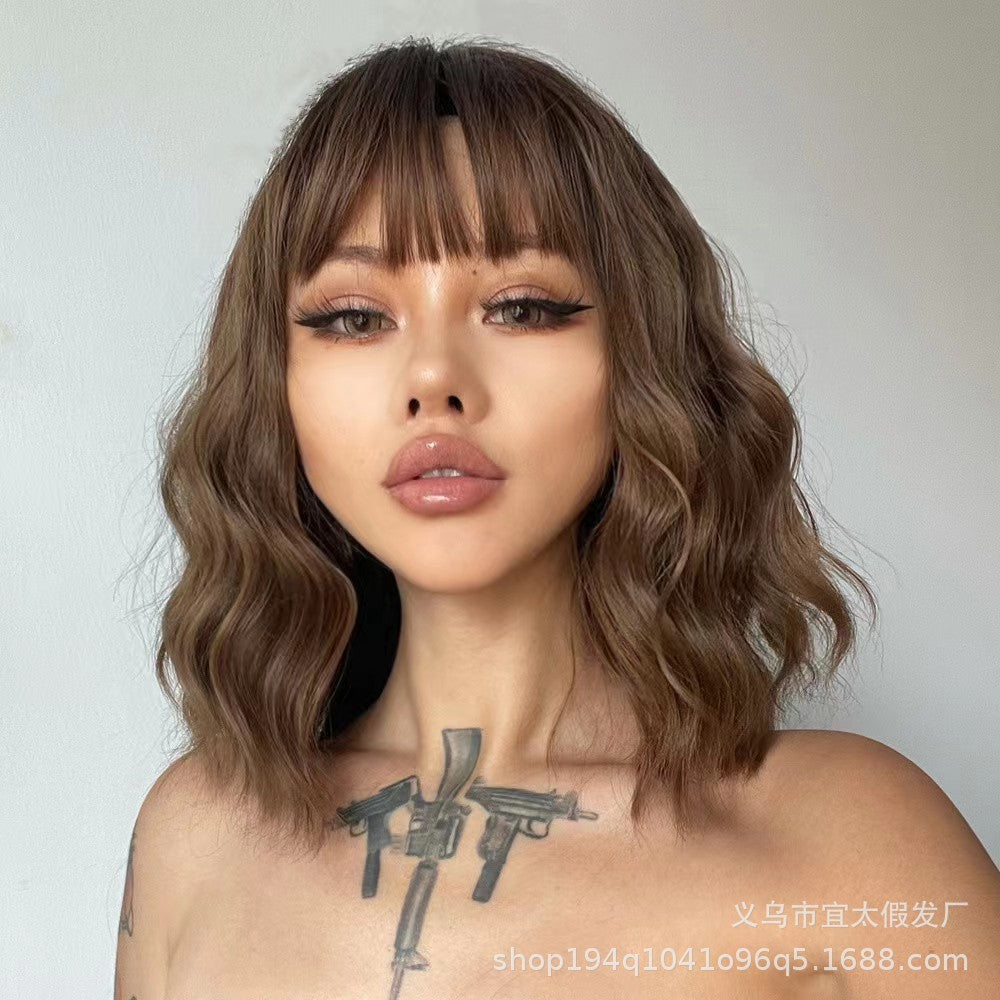 Full-head Wig-style Curly Small Wave Hairstyle Air Bangs Artificial Human Hair Wig Sheath