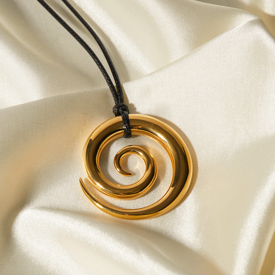Gold Black Rope Spiral Circle Pendant Necklace
