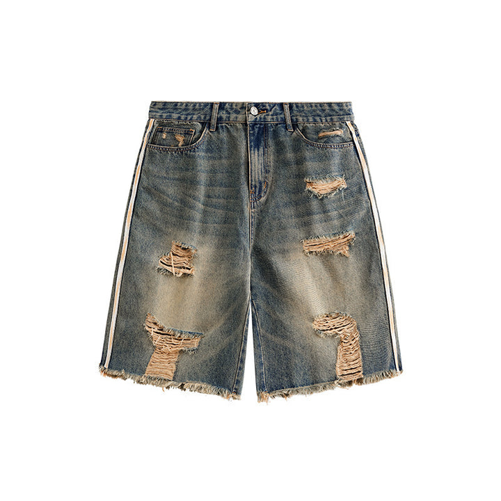 Summer Men's Hip Hop Side Stripe Ripped Denim Shorts