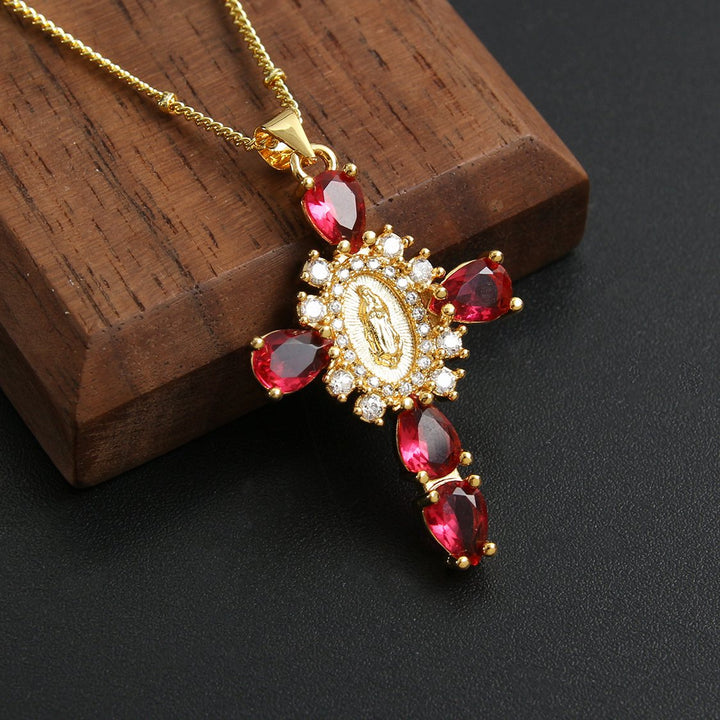 Luxury Rhinestone Virgin Mary Cross Pendant Necklace