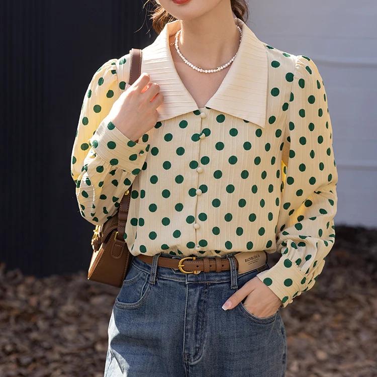 Vintage Polka Dot Polo-Neck Blouse for Office Ladies