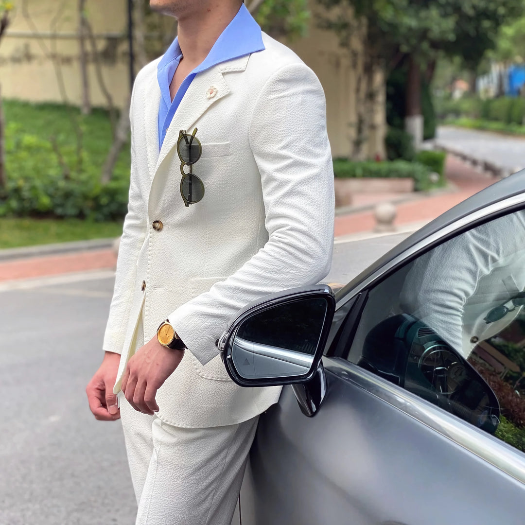 Stylish White Seersucker Suit for Men - Italian Slim Fit