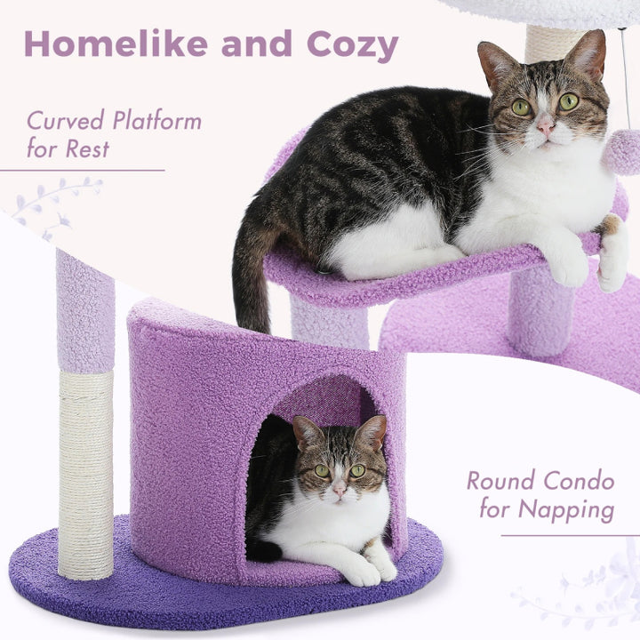 Small Purple Flower Cat Tree with Condo & Scratching Post