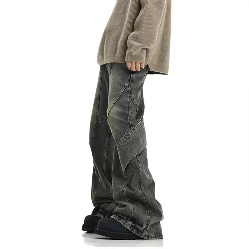 Vintage Asymmetrical Spliced Men's Loose Denim Pants