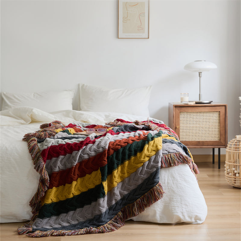 Elegant Wool Blanket with Crochet Contrast Color and Tassel Edges