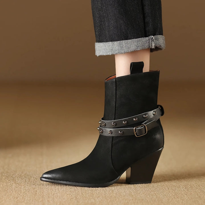 Elegant Pointed Toe Chunky Heel Leather Boots for Women