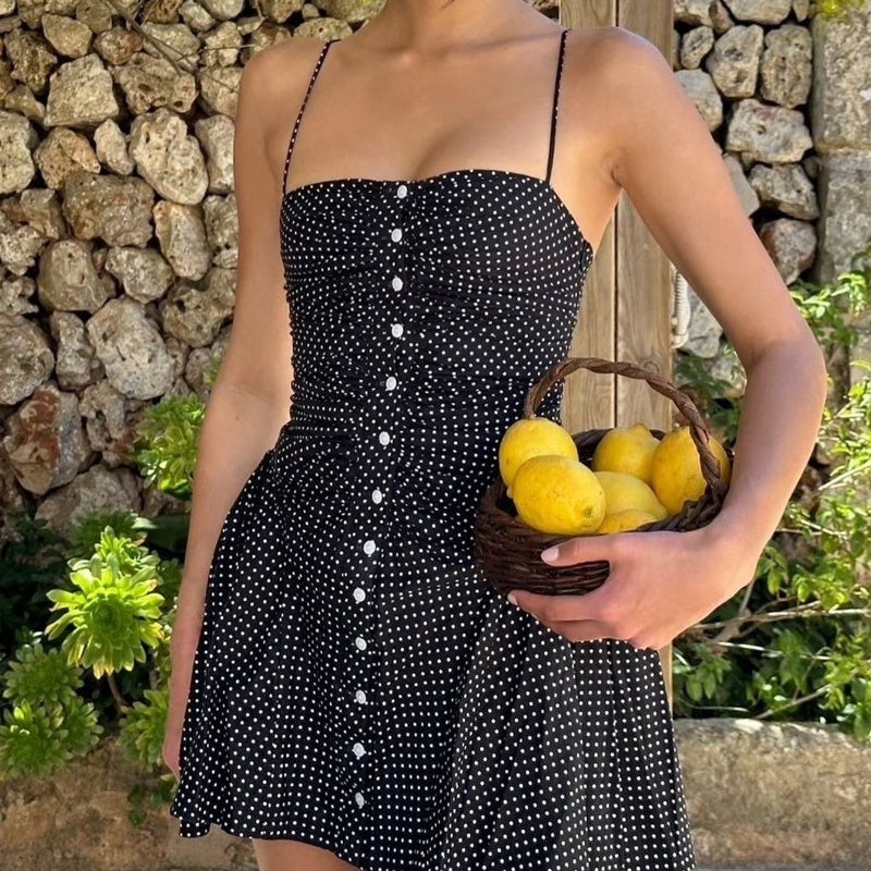 Summer New Polka Dot Print Tube Top Off-neck Strap Backless Dress