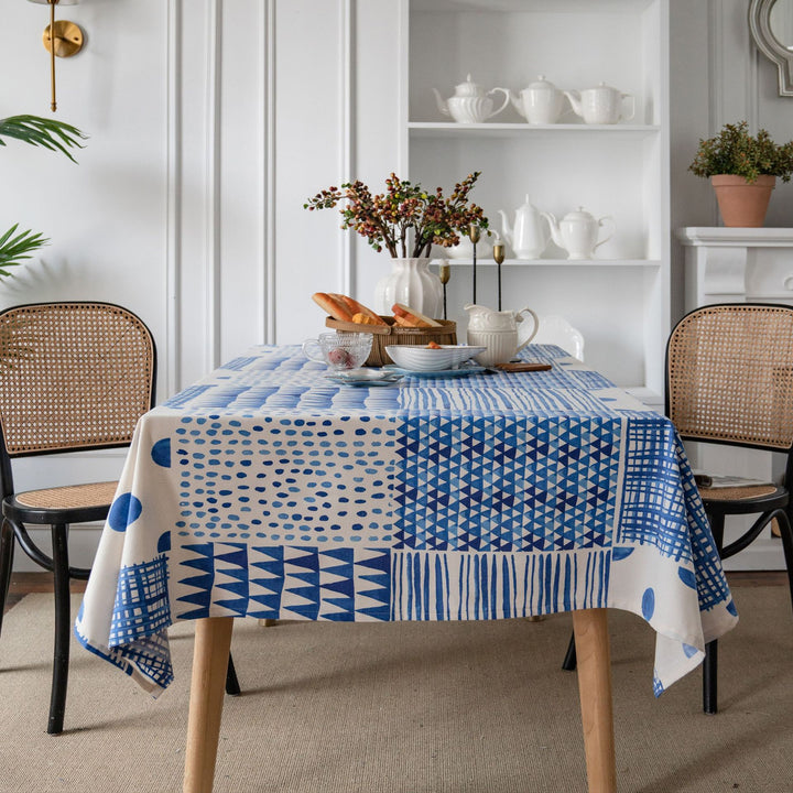 Geometric Blue Patchwork Cotton-Linen Tablecloth