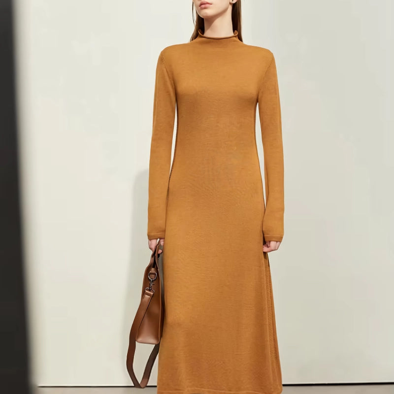 Slim A-Line Knitted Dress with Half High Collar