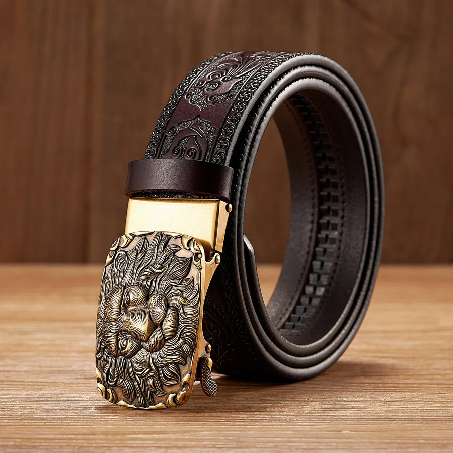 Men's 3.5CM Genuine Leather Belt with Lion Pattern & Automatic Buckle