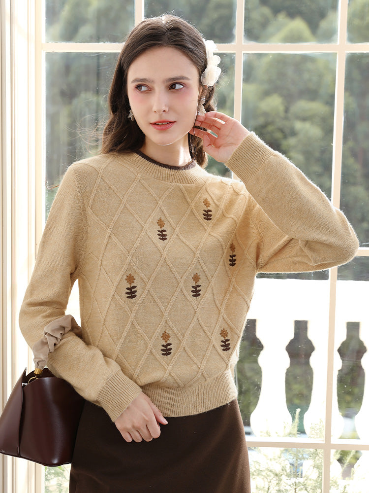 Cozy Khaki Embroidered Crew Neck Knit Sweater for Women - Autumn/Winter 2024