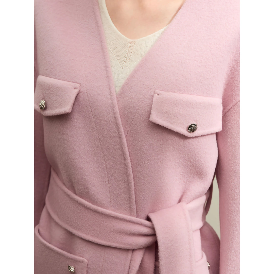 Elegant Full Woolen Coat for Women - V-neck Thermal Jacket with Belt