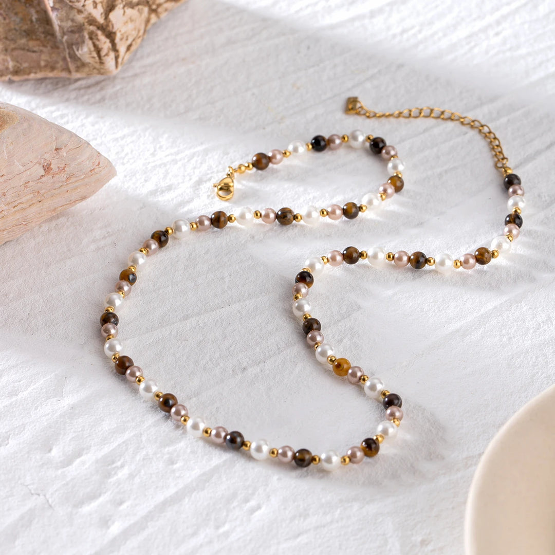 18K Gold Plated Tiger Eye & Imitation Shell Bead Necklace