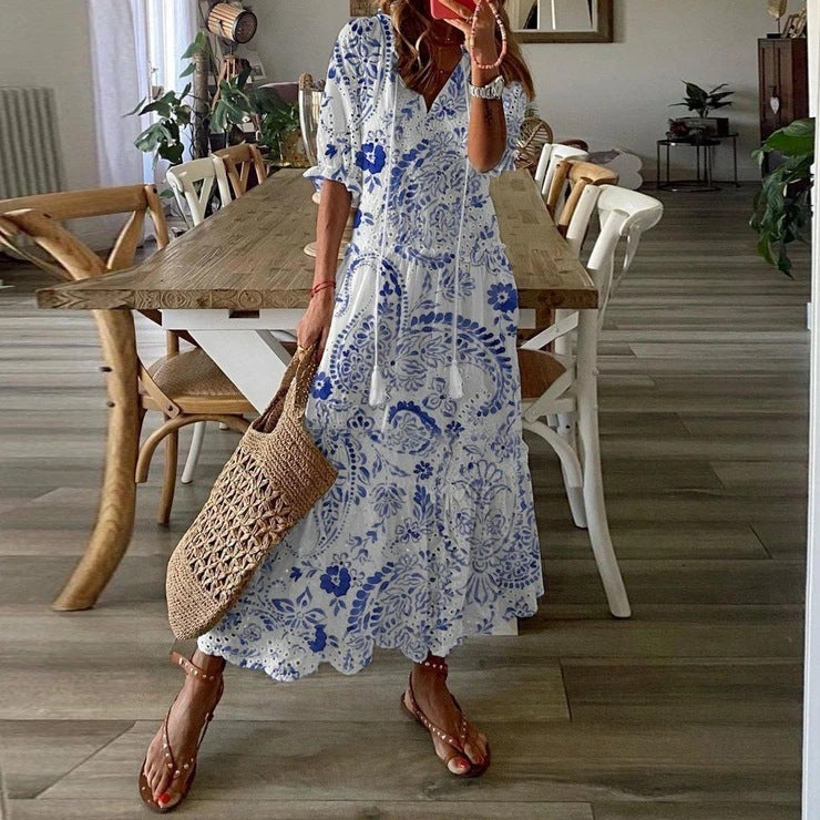 Summer Casual V-Neck Printed Short-Sleeved Mid-Length Dress With Suspenders