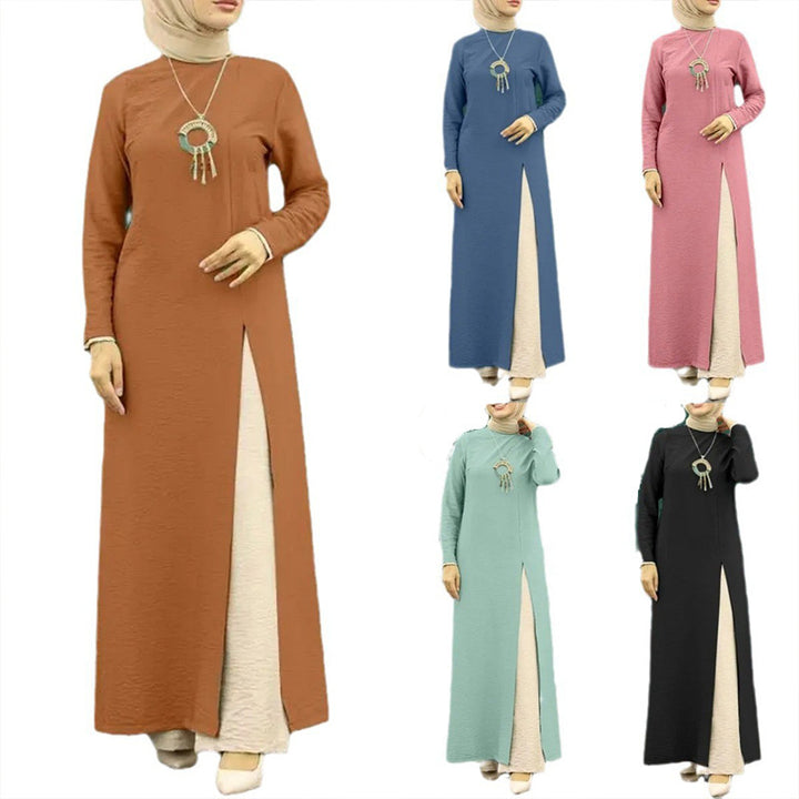 Muslim Women's Wear Ice Silk Wrinkle Long Sleeve High Slit Hem Dress