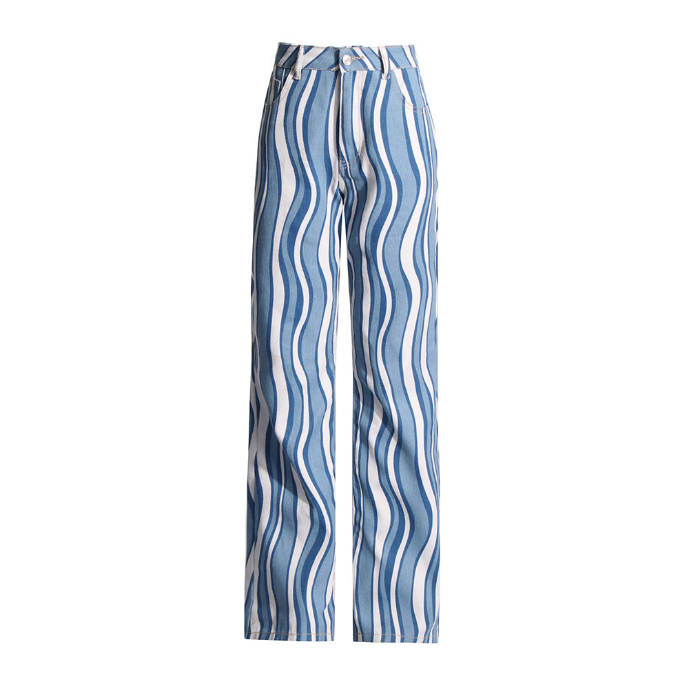 High-Waist Striped Denim Trousers